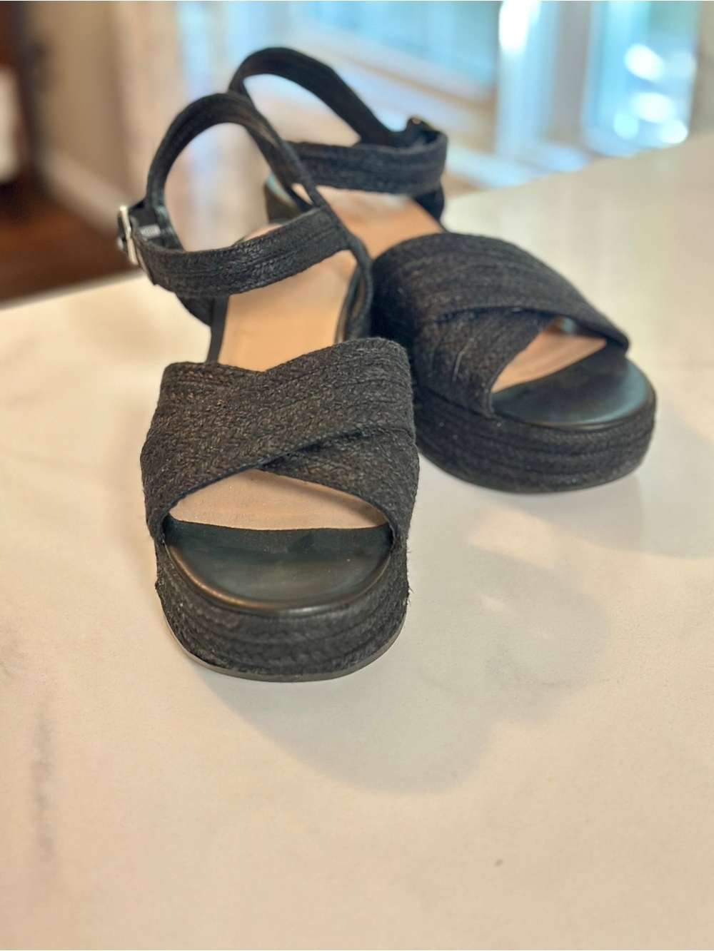 Old Navy Black Woven Platform Sandals with Ankle Buckle